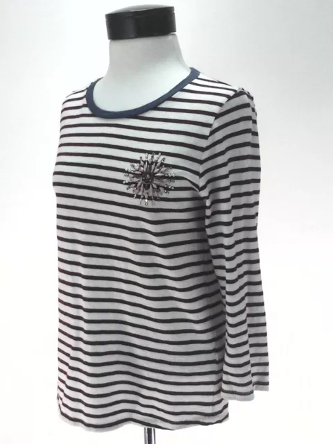 JCREW Burgundy Striped Painter Tee Jeweled Brooch Embellished T-Shirt 08892 sz M 2