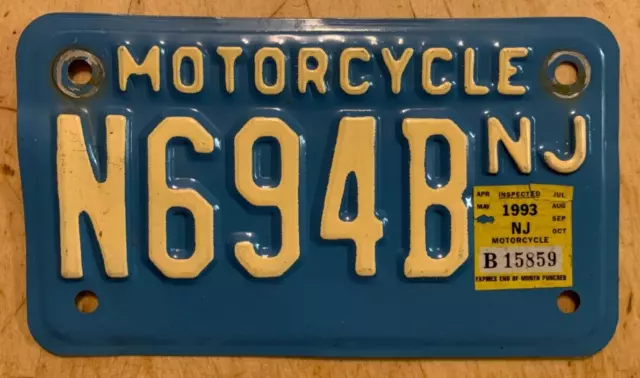 1993 New Jersey Blue Buff Motorcycle Cycle License Plate " N 694 B " Nj 93