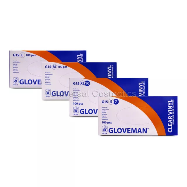 GLOVEMAN Disposable Clear Vinyl Powder & LATEX FREE Gloves Small-XL 100 200 1000