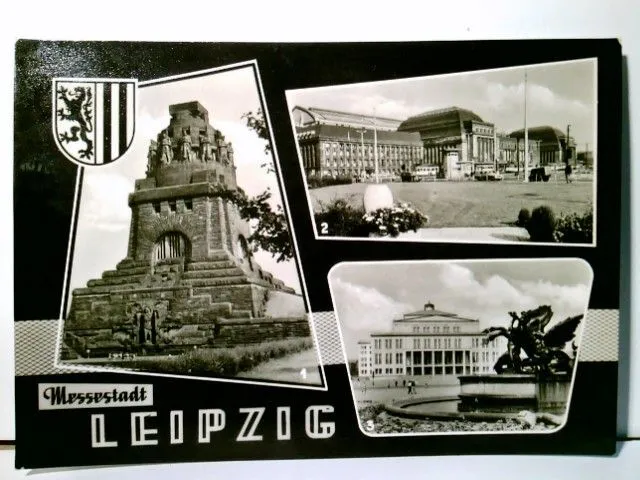 Messestadt Leipzig. Alte Mehrbild AK s/w. gel. 1963. Völkerschlachtdenkmal, Haup