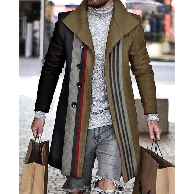 Men's Outwear Long Sleeve Jacket Mens Winter Warm Slim Fit Plaid Trench Coat