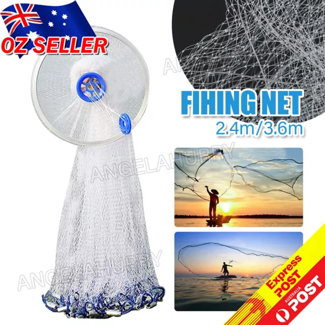 Fishing Cast Net Throw Nylon Mesh 8ft-12ft Drawstring Chain Bottom Spread NE