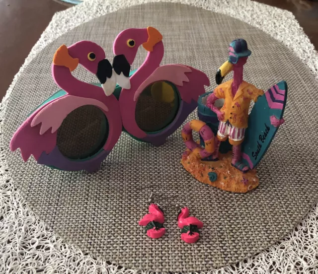 Colorful Dressed Pink Flamingo Tooth Pick Holder + Party Sunglasses & Earrings