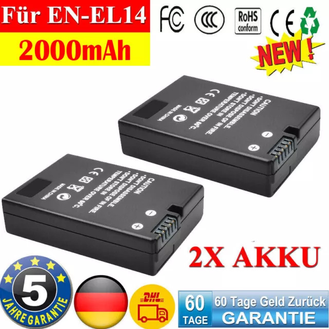 2× 2000mAh EN-EL14 AKKU für Nikon D3100 D3200 D3300 D5100 D5200 D5300 D5500 DE