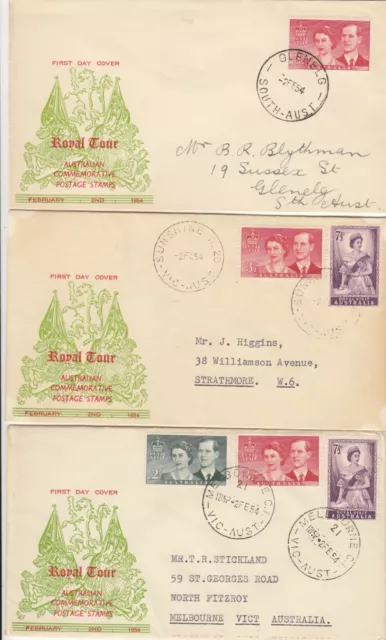 Stamp Australia 1954 Royal Visit on 3 x Haslem souvenir cachet FDCs addressed