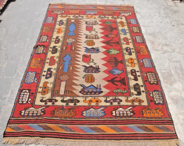 War Rug Afghan  HAND MADE Vintag RUG BALUCHI WOOL WITH BEAUTIFUL  DESIGN 147x90