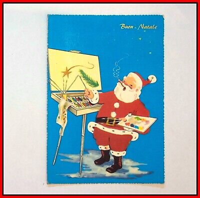 Spiritosa Cartolina di Buon Natale Babbo pittore con sigaro grande Viaggiata