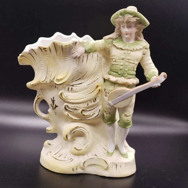 VINTAGE/ANTIQUE GERMAN BISQUE Figurine Planter Vase Boy String ...
