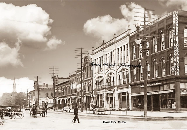 RPPC Photo Vintage Street Scene Owosso, Michigan Police Officer/Cop