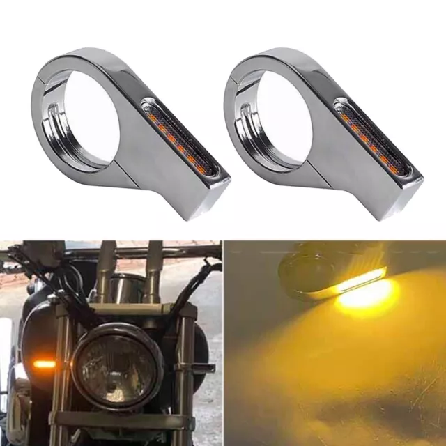 2x Motorcycle Fork Tube Clamp LED Turn Signal 41mm Mount Bracket Amber Indicator