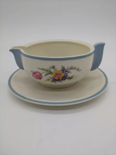 Vintage Pirkenhammer PIR21 Gravy Sauce Boat w/ Underplate Floral Blue Trim