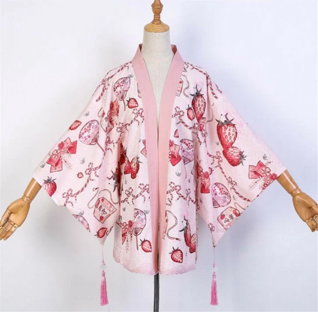 Japanese Style Kimono Jacket Red Cute Strawberry Long Haori Coat