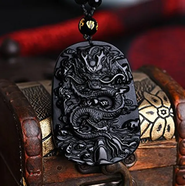 Natural Black obsidian dragon necklace amulet pendant with bead chain for wen