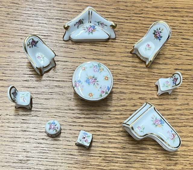 9 PC Vintage Japan Floral China Doll Furniture Set Sofa Table Chairs Piano Stool