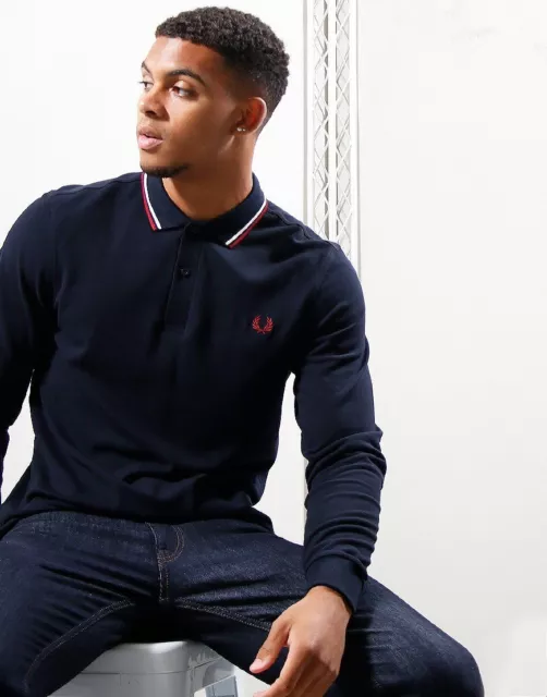 GENUINE Fred Perry Mens Navy Blue Long Sleeve Polo Shirt