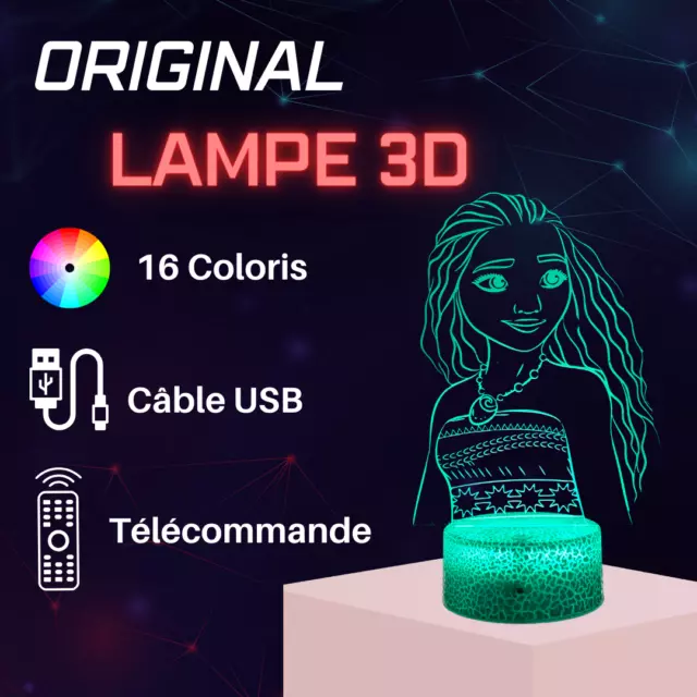 Lampe chevet 3D LED Disney Vaiana - Veilleuse changement couleurs - Princesse 2