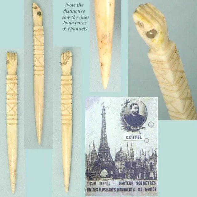 Antique Carved Cow Bone Stiletto / Awl with Eiffel Tower Stanhope * Circa 1890