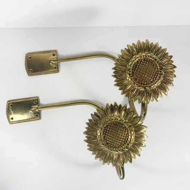 Vintage Sunflower Curtain Tie Back Hooks Brass Drapery Wall Mount Large 10.5”