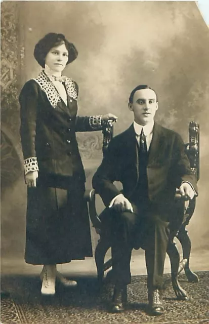MAN & WOMAN IN STYLISH PERIOD CLOTHING REAL PHOTO POSTCARD c1910s