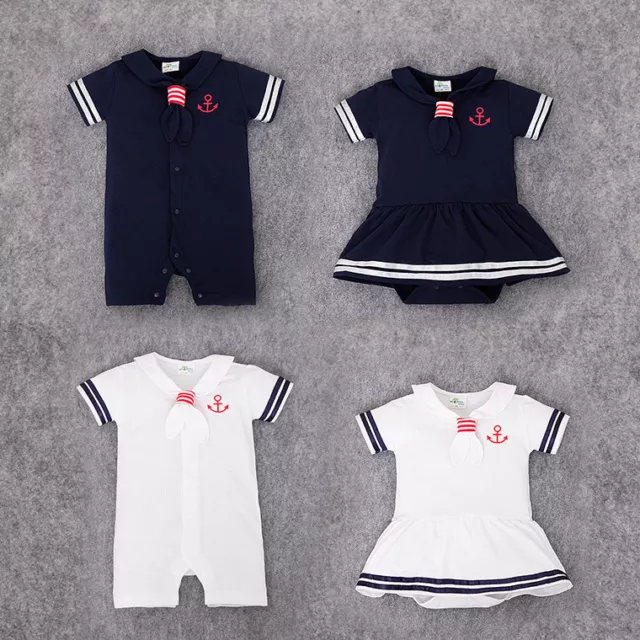 UK Baby Boy Girl Sailor White Navy Romper Suit Grow Dress Summer Outfit 0-24m