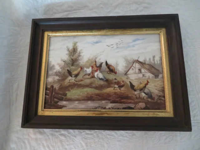 tableau la basse cour ancienne peinture sur porcelaine poule et coq