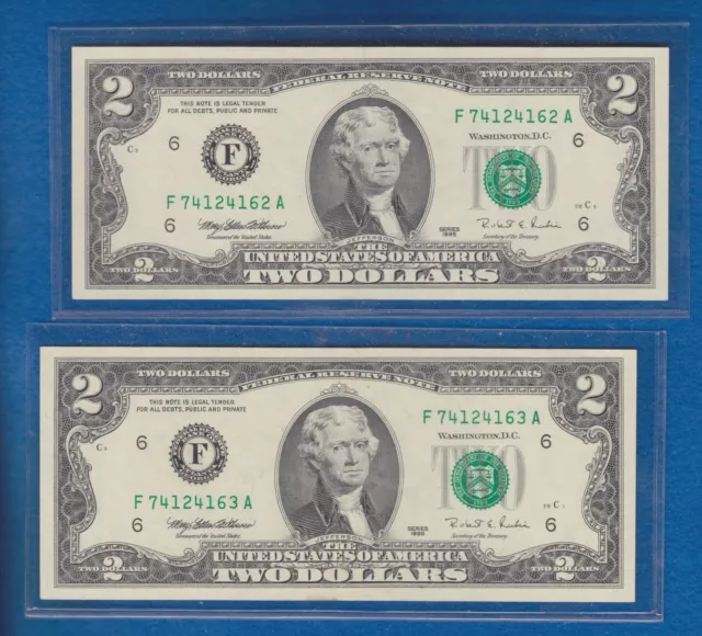 Two 1995 $2 Federal Reserve Notes in Sequential Order