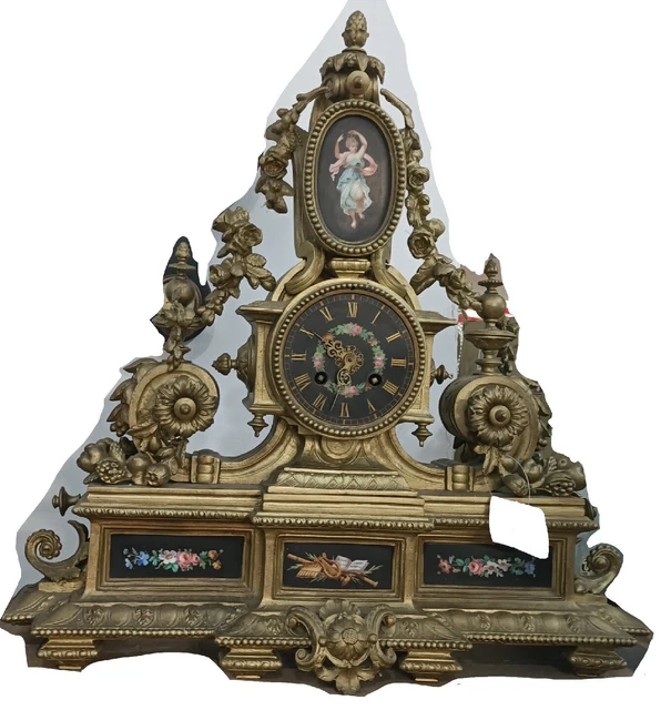 Orologio D' Epoca Da Camino Antico Vintage Ottone Decorazioni Dipinte A Mano
