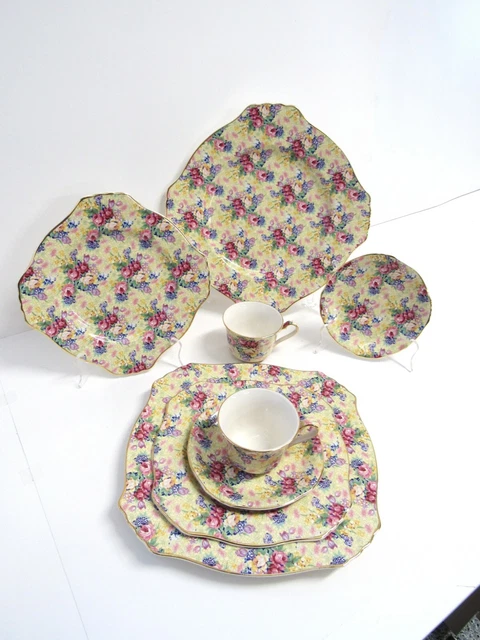Royal Winton Grimwades Ltd. Welbeck Dinner Set - Yellow Chintz, Gold Trim - EUC