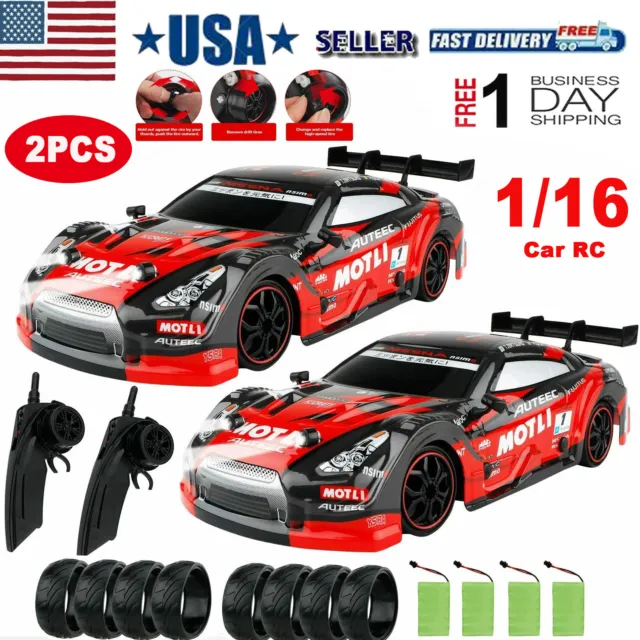 2PCS GT Drift Car Hight Speed Sport Racing RC Car 4WD Car LED Light Toys 1:16 US