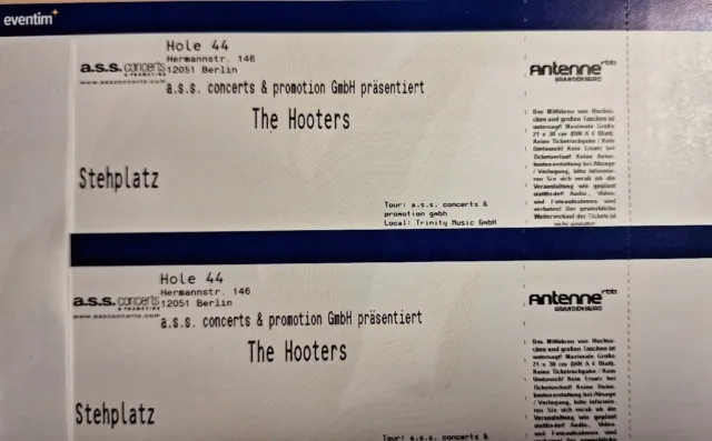 2 Tickets für The Hooters in Berlin am 27.06.23 im Hole Stehplätze im Innenraum