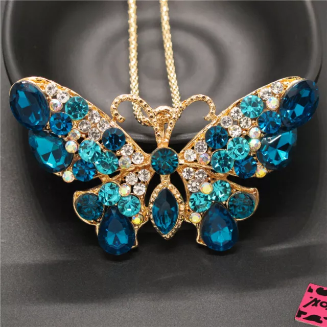 Fashion Women Bling Elegant Blue Crystal Butterfly Lady Sweater Chain Necklace