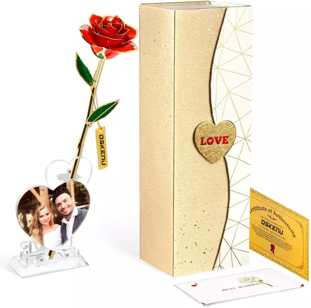 24k Gold Plating Enhanced Gilded Rose Set W/ Love Picture Frame & Greeting Card