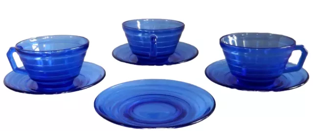 Vtg 7 Pc Moderntone Depression Glass Cups & Saucers Cobalt Blue by Hazel Atlas