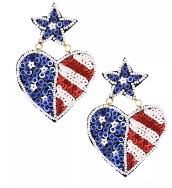 Patriotic 4Th Of July Red White & Blue Heart Seed Bead Dangle Earrings