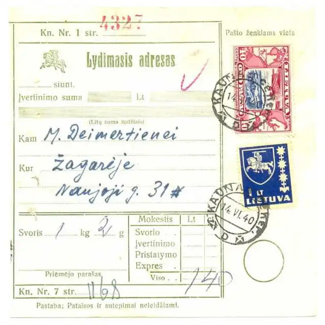 Lithuania Postal Parcel Receipt with Stamps 1940 Kaunas - Zagare