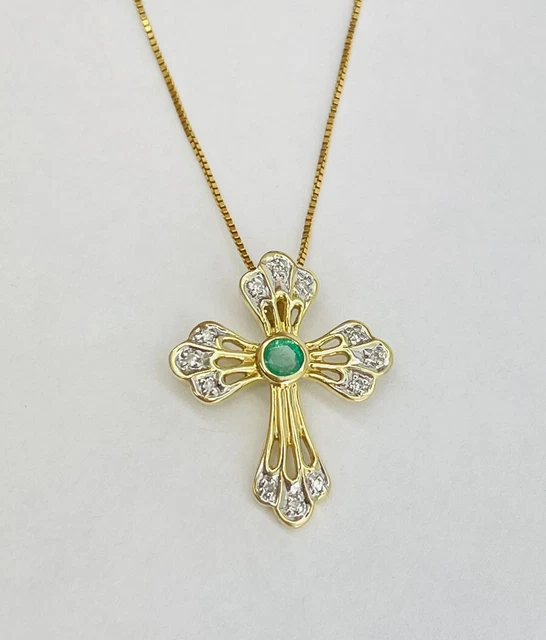 14K Yellow Gold 3/4" Emerald Gemstone Diamond Accent Cross Pendant 17.5" L427