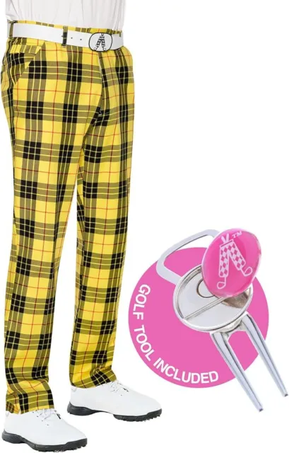 Royal and Awesome Mens Golf Trousers Loud Macleod Yellow Tartan Golf Pants 30-44