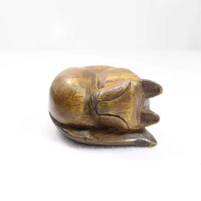 Vintage Wooden Sleeping Cat Kitty Carving Decor Figure and Carved Cat Nap 3"x2"