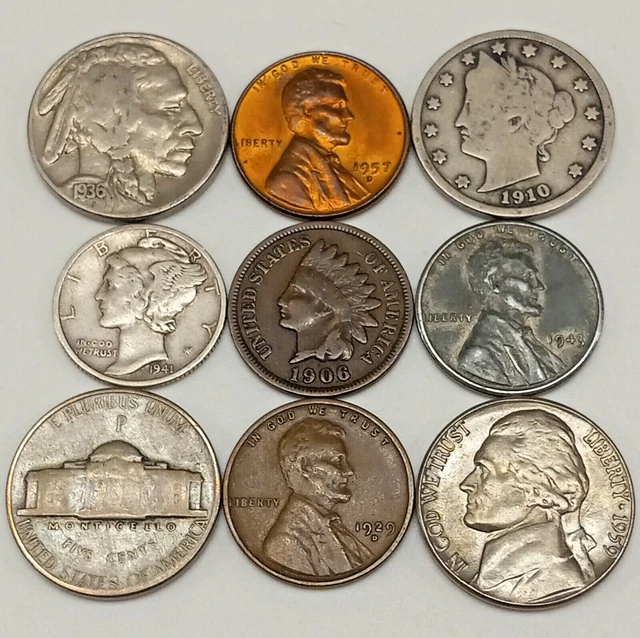 Old US Coins- Silver Mercury Dime, Buffalo, Liberty & War Nickel, Steel & Wheats