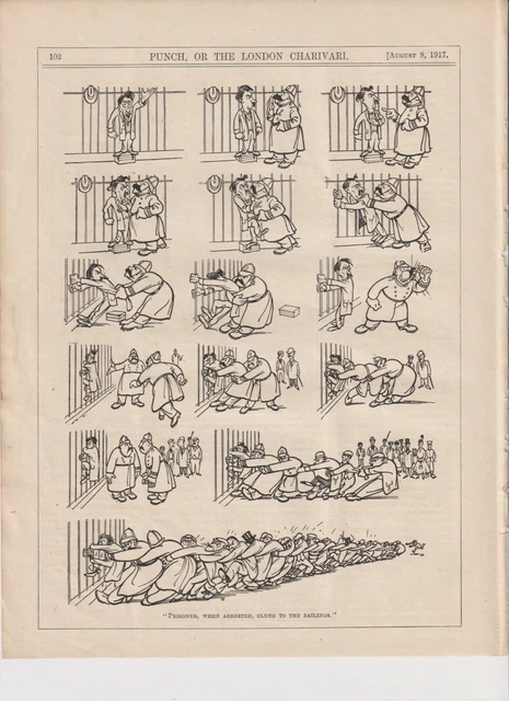 1917 2 Punch Cartoons on Facing Pages Arrested Prisoner Clung to Railings