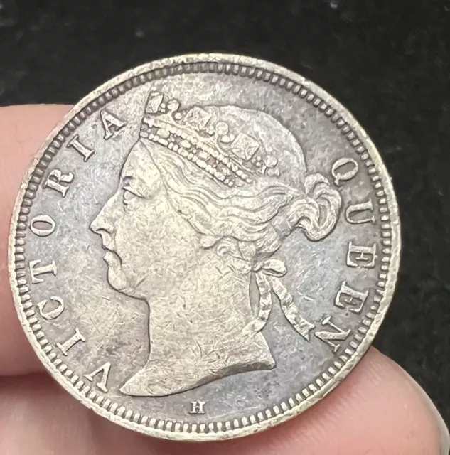 1890 H STRAITS SETTLEMENTS 20 CENTS AU Details Silver Queen Victoria Coin F726