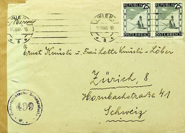 Österreich 1946 Post WWII 25g Paar Auf Zensiert Abdeckung Wien Zu Zürich Schweiz