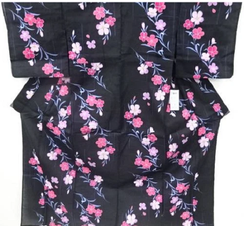 Japanese Yukata Unused Kimono Cotton Flower Black Pink Free Shipping From Japan