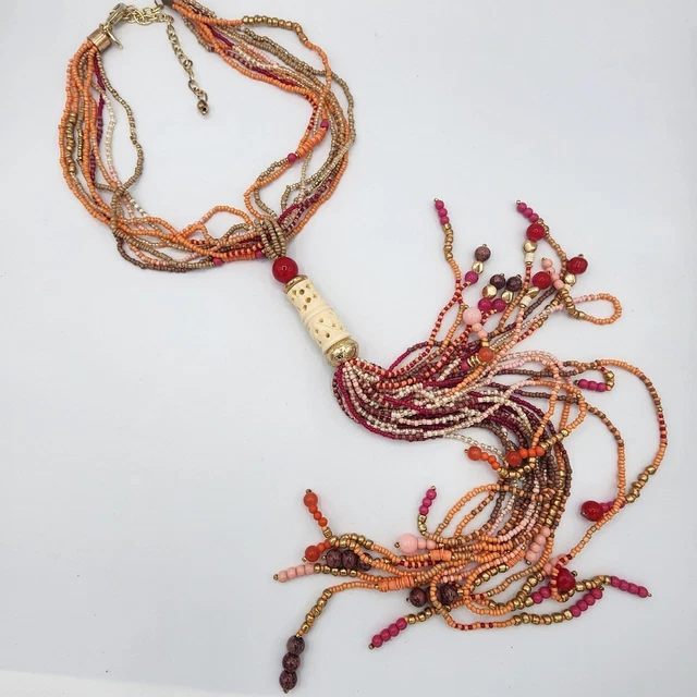 Tropical Bohemian Seed Beaded Y Drop Tassel Multi Strand Necklace 16-22"