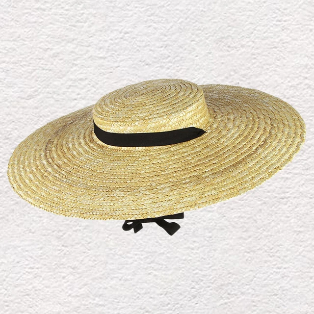 Cappello tessuto di paglia grano cappello da spiaggia cappello protezione solare piatto grande cinturino grondaia per