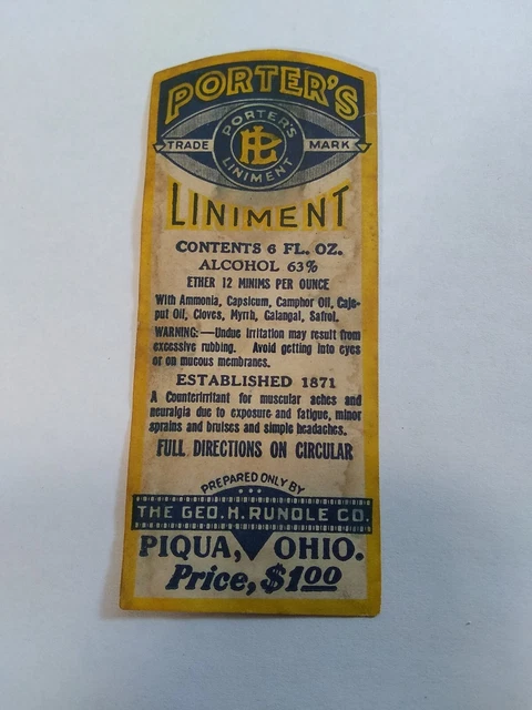 Vtg Porter's liniment Tonic Label. Piqua, Ohio. 3 3/4 " X 1 1/2 ". (C4)