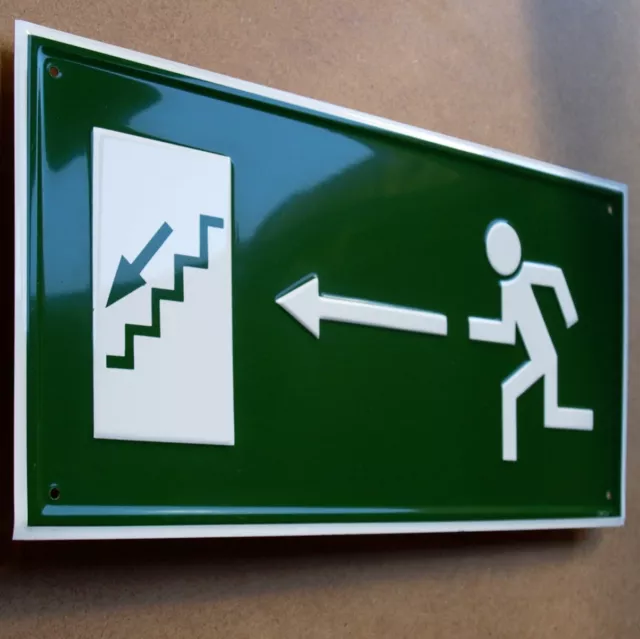 NOTAUSGANG links = Altes Blechschild PERFEKT Fabrik Fluchtweg Treppe PIKTOGRAMM