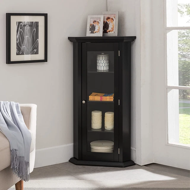 - Corner Curio Storage Cabinet with Glass Door, Black Finish