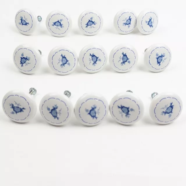 Lot of 15 Vintage Porcelain White Blue Floral  Drawer Pulls Ceramic Cabinet Knob