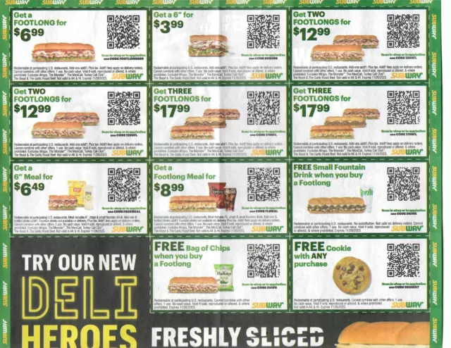 ⭐ SUBWAY COUPONS!!! 2X Sheets = 28 Coupons In All!!! Exp 12/31/23 ⭐ $2.00 -  PicClick